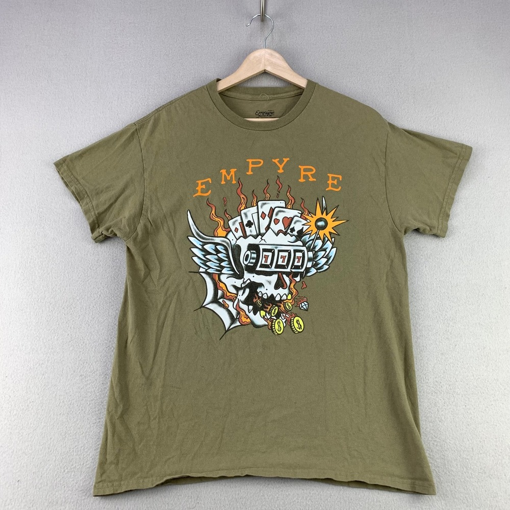 Empyre T-Shirt Mens Medium Olive Lucky 7 Skull Graphic Tee Poker Casino Cotton